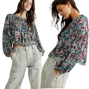 Free People Raisin Combo Floral Mesh Balloon Sleeve Crop Top S Boho Cottagecore
